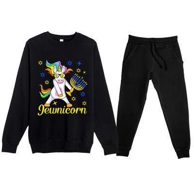 Hanukkah Menorah Dabbing Unicorn Funny Chanukah Jewish Gift Premium Crewneck Sweatsuit Set