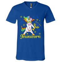 Hanukkah Menorah Dabbing Unicorn Funny Chanukah Jewish Gift V-Neck T-Shirt