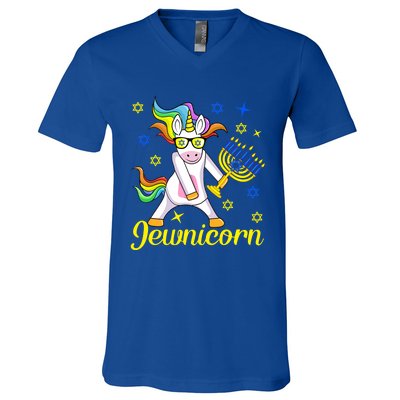 Hanukkah Menorah Dabbing Unicorn Funny Chanukah Jewish Gift V-Neck T-Shirt