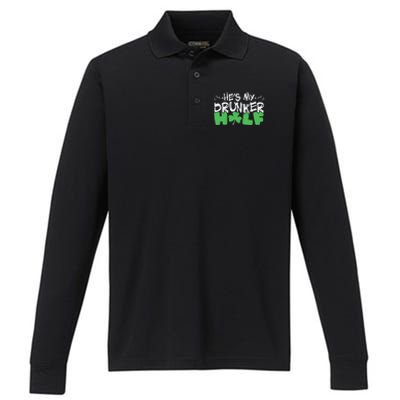 Hes My Drunker Funny Shamrock Performance Long Sleeve Polo