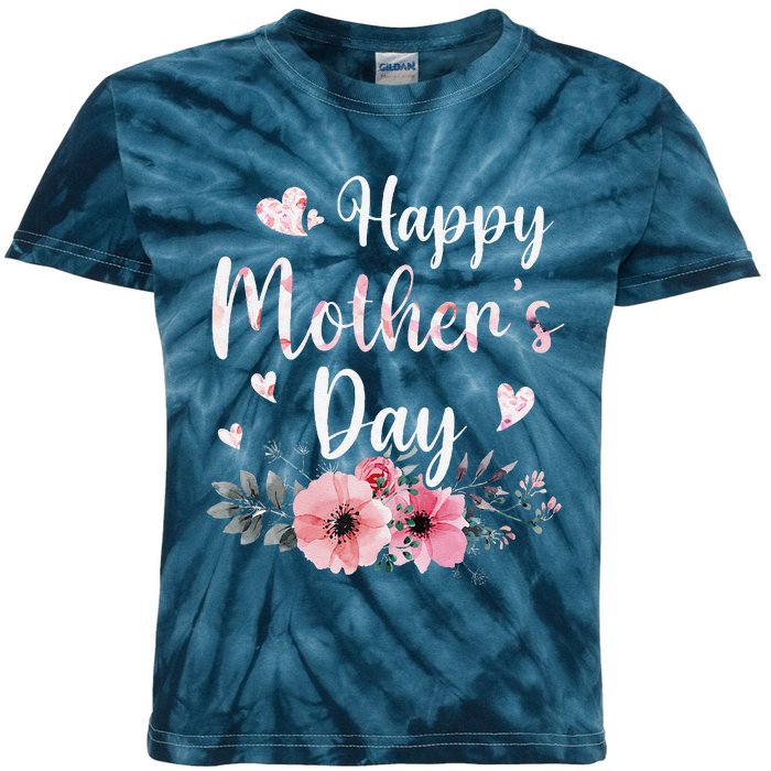 Happy MotherS Day With Floral Mom Mommy Grandma Women Kids Tie-Dye T-Shirt