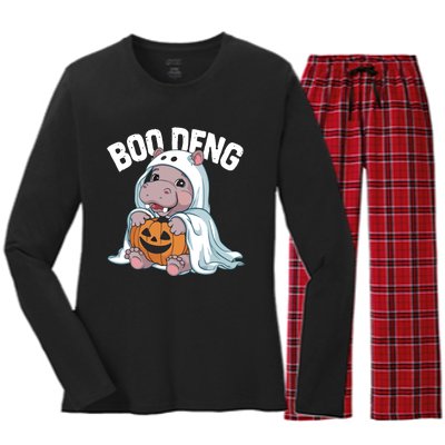 Halloween Moo Deng Baby Hippo Boo Deng Women's Long Sleeve Flannel Pajama Set 