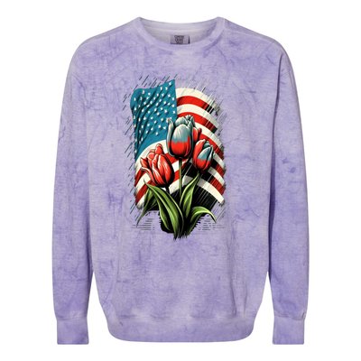 Happy Memorial Day Tulips Flower American Flag 4th Of July Cute Gift Colorblast Crewneck Sweatshirt