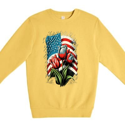 Happy Memorial Day Tulips Flower American Flag 4th Of July Cute Gift Premium Crewneck Sweatshirt