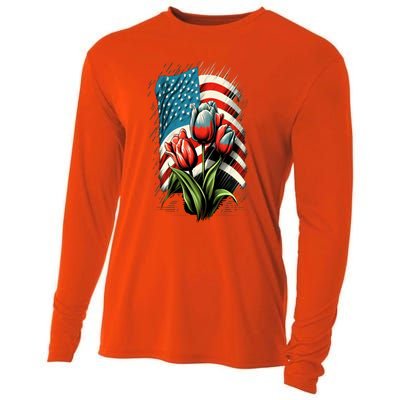 Happy Memorial Day Tulips Flower American Flag 4th Of July Cute Gift Cooling Performance Long Sleeve Crew