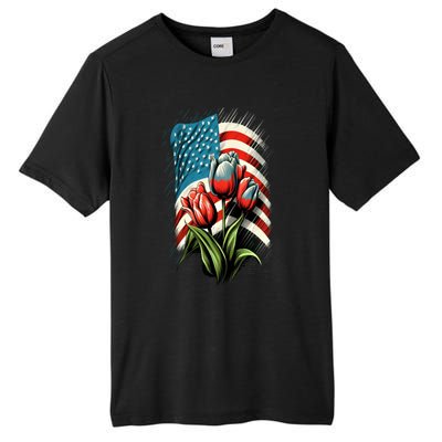 Happy Memorial Day Tulips Flower American Flag 4th Of July Cute Gift Tall Fusion ChromaSoft Performance T-Shirt