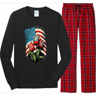 Happy Memorial Day Tulips Flower American Flag 4th Of July Cute Gift Long Sleeve Pajama Set