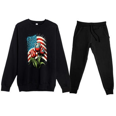 Happy Memorial Day Tulips Flower American Flag 4th Of July Cute Gift Premium Crewneck Sweatsuit Set