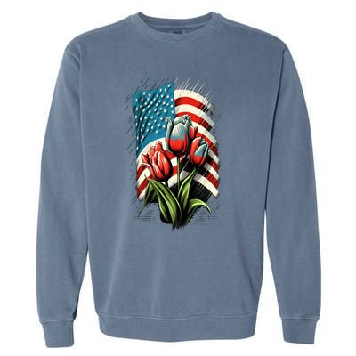 Happy Memorial Day Tulips Flower American Flag 4th Of July Cute Gift Garment-Dyed Sweatshirt