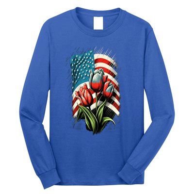 Happy Memorial Day Tulips Flower American Flag 4th Of July Cute Gift Long Sleeve Shirt