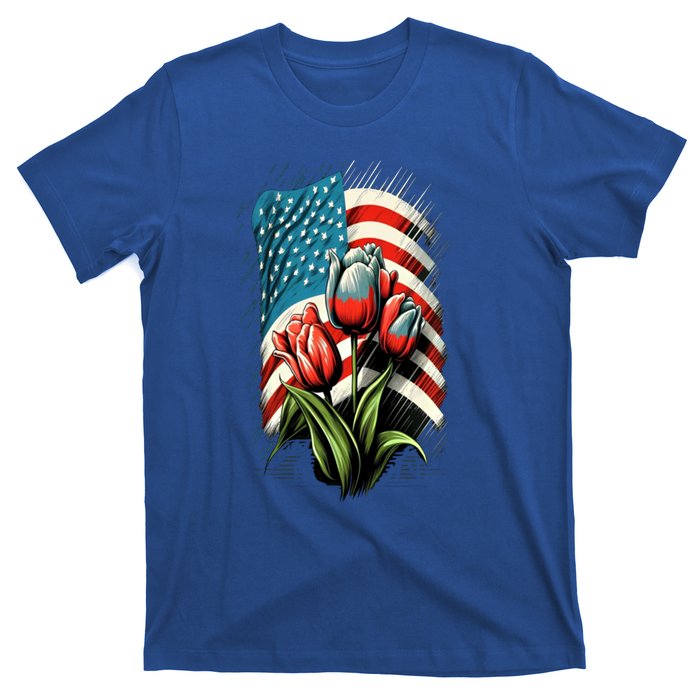 Happy Memorial Day Tulips Flower American Flag 4th Of July Cute Gift T-Shirt