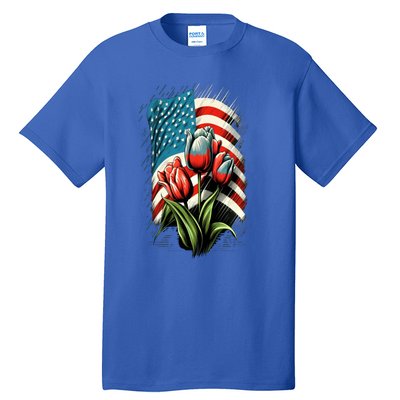 Happy Memorial Day Tulips Flower American Flag 4th Of July Cute Gift Tall T-Shirt