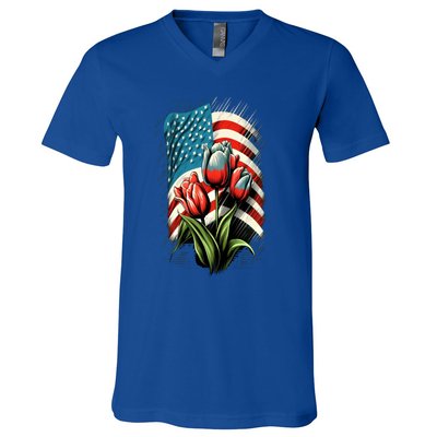 Happy Memorial Day Tulips Flower American Flag 4th Of July Cute Gift V-Neck T-Shirt