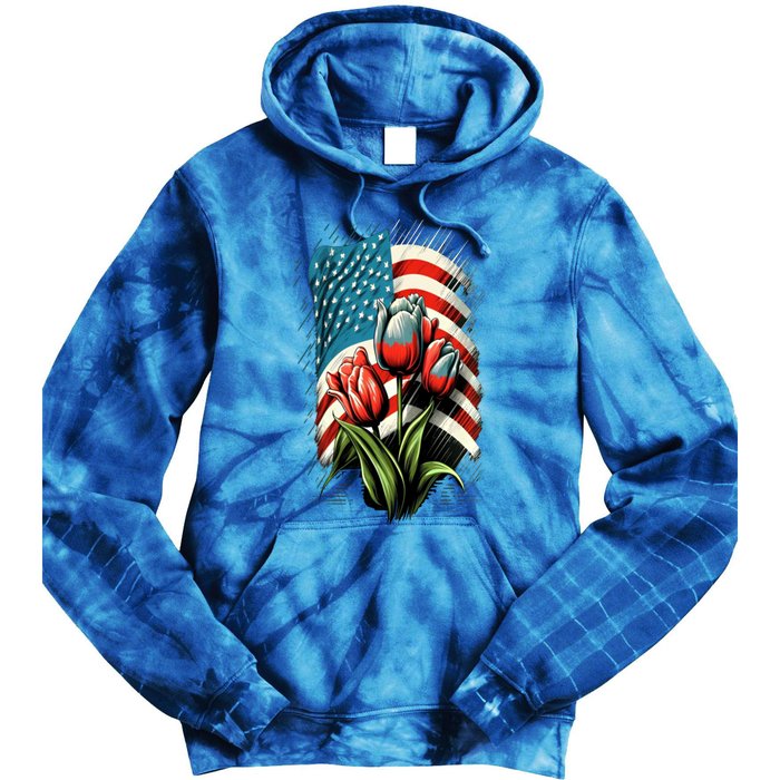 Happy Memorial Day Tulips Flower American Flag 4th Of July Cute Gift Tie Dye Hoodie