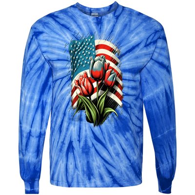 Happy Memorial Day Tulips Flower American Flag 4th Of July Cute Gift Tie-Dye Long Sleeve Shirt