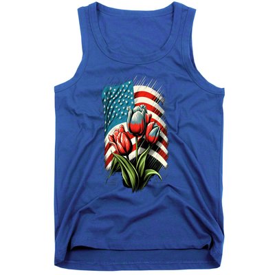 Happy Memorial Day Tulips Flower American Flag 4th Of July Cute Gift Tank Top