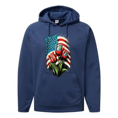 Happy Memorial Day Tulips Flower American Flag 4th Of July Cute Gift Performance Fleece Hoodie