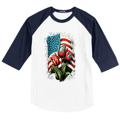 Happy Memorial Day Tulips Flower American Flag 4th Of July Cute Gift Baseball Sleeve Shirt