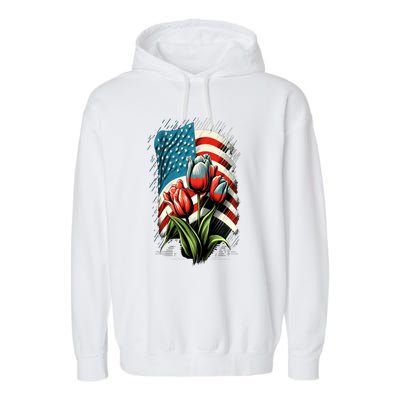 Happy Memorial Day Tulips Flower American Flag 4th Of July Cute Gift Garment-Dyed Fleece Hoodie