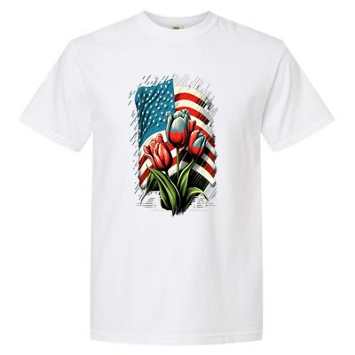 Happy Memorial Day Tulips Flower American Flag 4th Of July Cute Gift Garment-Dyed Heavyweight T-Shirt