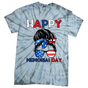 Happy Memorial Day 4th Of July Messy Bun American Flag Tie-Dye T-Shirt