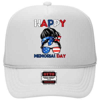 Happy Memorial Day 4th Of July Messy Bun American Flag High Crown Mesh Back Trucker Hat