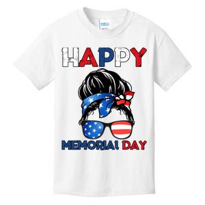 Happy Memorial Day 4th Of July Messy Bun American Flag Kids T-Shirt