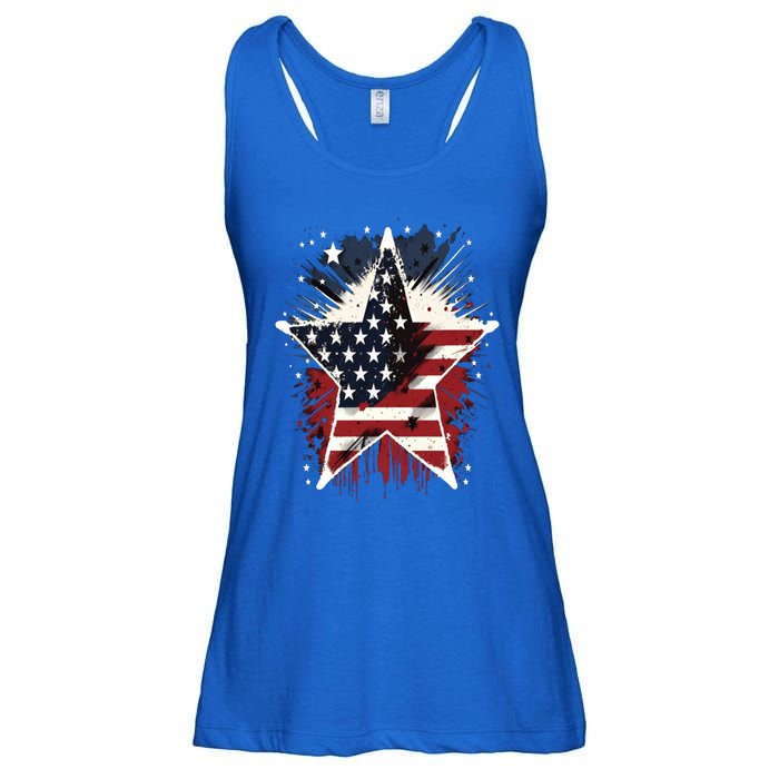 Happy Memorial Day Veteran American Usa Star Flag 4th Of Gift Ladies Essential Flowy Tank