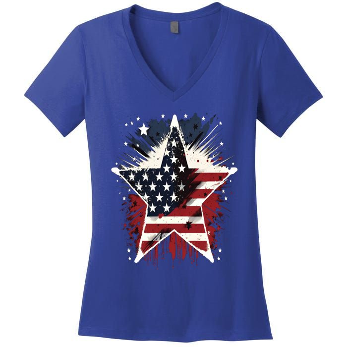 Happy Memorial Day Veteran American Usa Star Flag 4th Of Gift Women's V-Neck T-Shirt