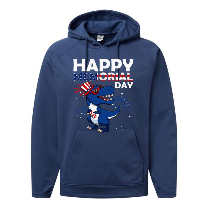 Happy Memorial Day 4th Of July Dinosaur Performance Fleece Hoodie