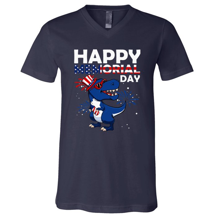 Happy Memorial Day 4th Of July Dinosaur V-Neck T-Shirt