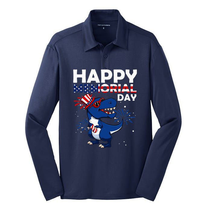 Happy Memorial Day 4th Of July Dinosaur Silk Touch Performance Long Sleeve Polo