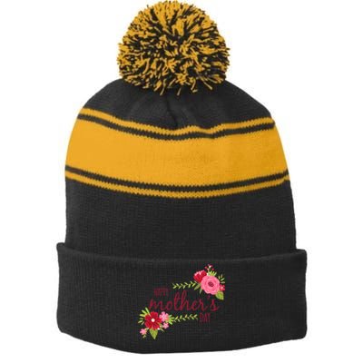 Happy Mother's Day Flower Stripe Pom Pom Beanie