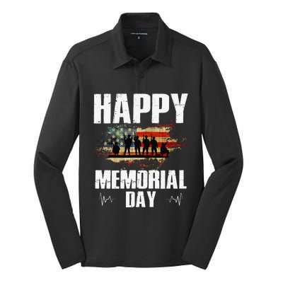 Happy Memorial Day USA Flag American Patriotic Silk Touch Performance Long Sleeve Polo