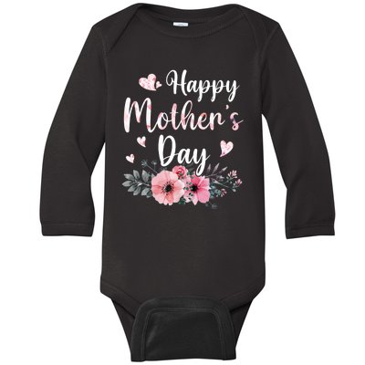 Happy Mothers Day With Floral Mom Mommy Grandma Baby Long Sleeve Bodysuit