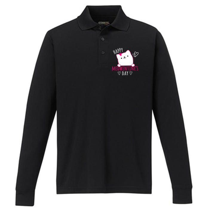 Happy Meowentine's Day Cat Lover Happy Valentines Day Cat Premium Performance Long Sleeve Polo