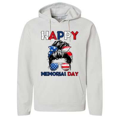 Happy Memorial Day 4th Of July Messy Bun American Flag Performance Fleece Hoodie