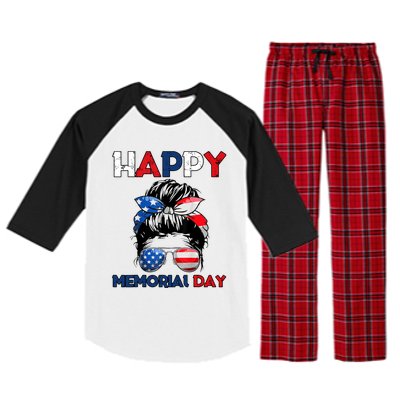 Happy Memorial Day 4th Of July Messy Bun American Flag Raglan Sleeve Pajama Set