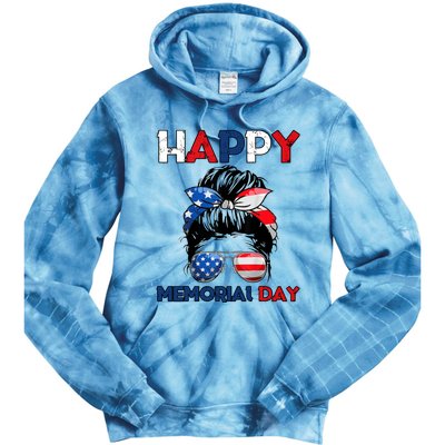 Happy Memorial Day 4th Of July Messy Bun American Flag Tie Dye Hoodie