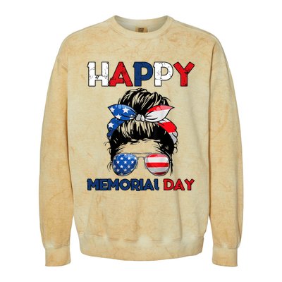 Happy Memorial Day 4th Of July Messy Bun American Flag Colorblast Crewneck Sweatshirt