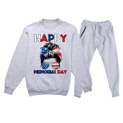 Happy Memorial Day 4th Of July Messy Bun American Flag Premium Crewneck Sweatsuit Set