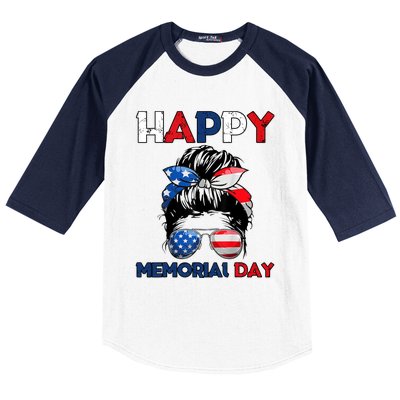 Happy Memorial Day 4th Of July Messy Bun American Flag Baseball Sleeve Shirt