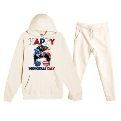 Happy Memorial Day 4th Of July Messy Bun American Flag Premium Hooded Sweatsuit Set