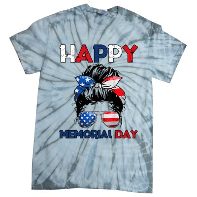 Happy Memorial Day 4th Of July Messy Bun American Flag Tie-Dye T-Shirt