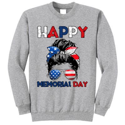 Happy Memorial Day 4th Of July Messy Bun American Flag Tall Sweatshirt