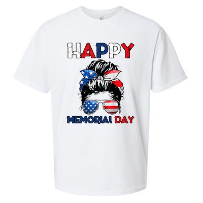 Happy Memorial Day 4th Of July Messy Bun American Flag Sueded Cloud Jersey T-Shirt