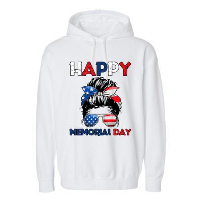 Happy Memorial Day 4th Of July Messy Bun American Flag Garment-Dyed Fleece Hoodie