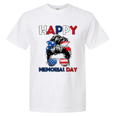 Happy Memorial Day 4th Of July Messy Bun American Flag Garment-Dyed Heavyweight T-Shirt