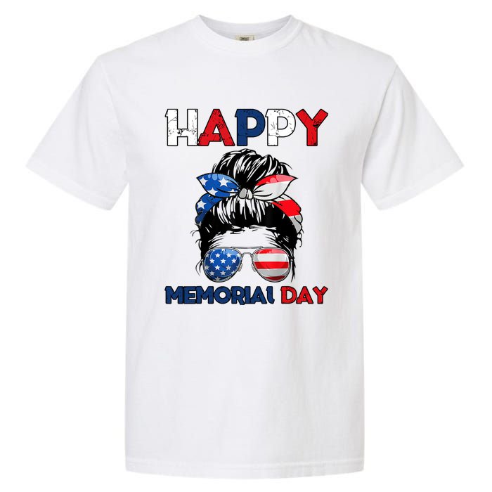 Happy Memorial Day 4th Of July Messy Bun American Flag Garment-Dyed Heavyweight T-Shirt