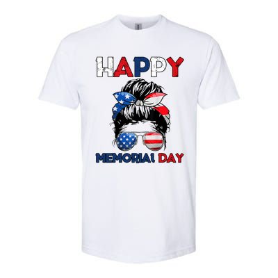 Happy Memorial Day 4th Of July Messy Bun American Flag Softstyle CVC T-Shirt